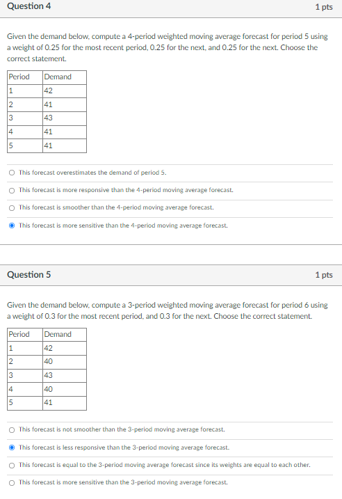 Question 4 1 pts Given the demand below, compute