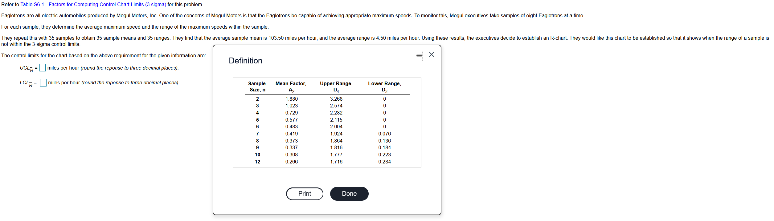 Refer to Table S6.1 - Factors for Computing