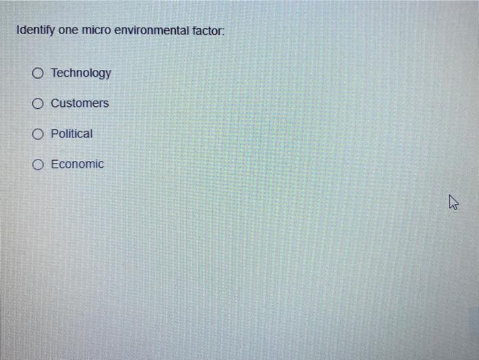Identify one micro environmental factor: O