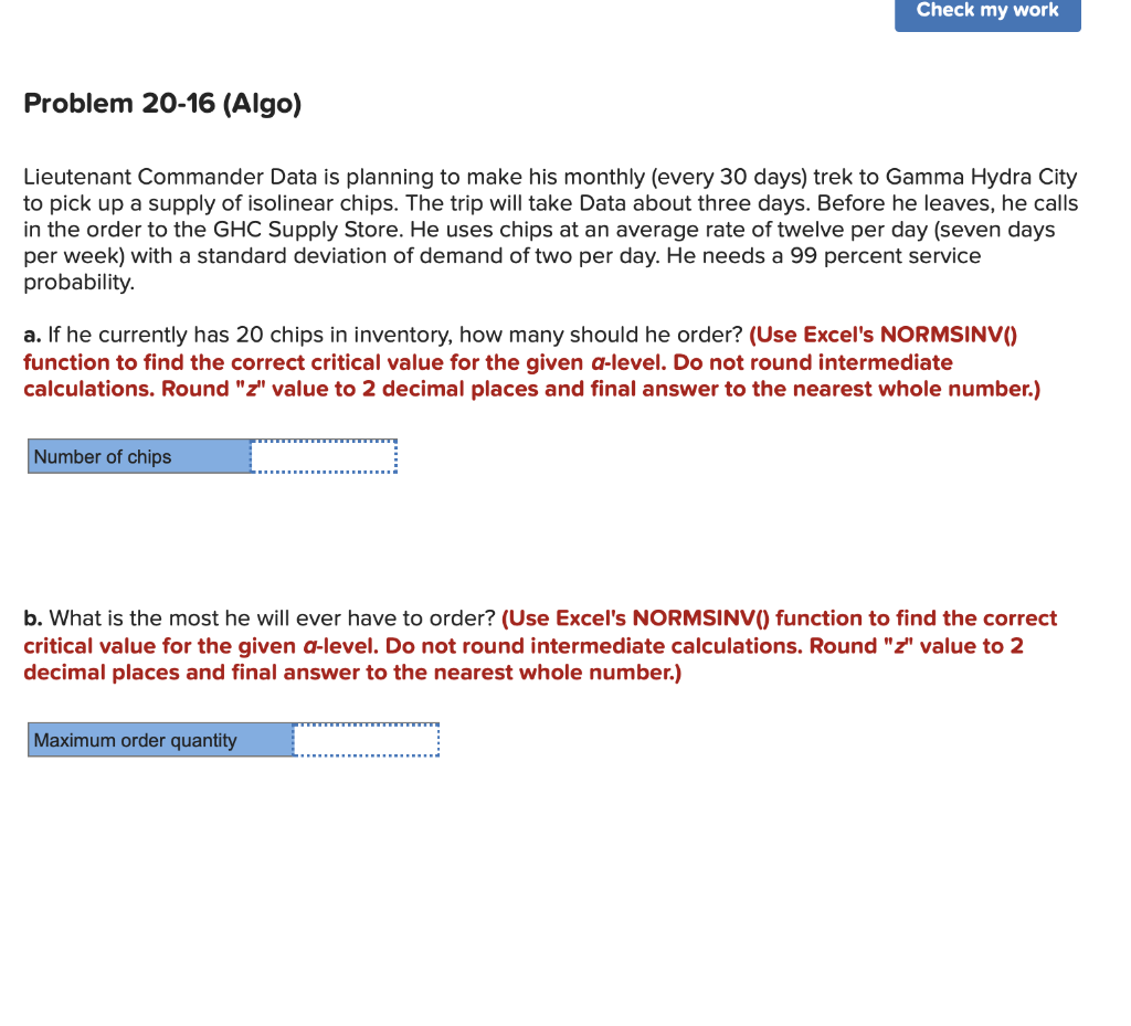 Check my work Problem 20-16 (Algo) Lieutenant