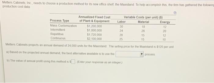 Metters Cabinets, Inc, needs to choose a