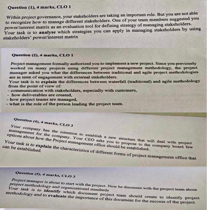 Question (1), 4 marks, CLO 1 Within project