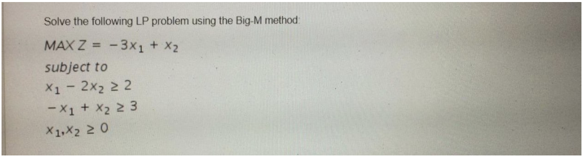 Solve the following LP problem using the Big-M