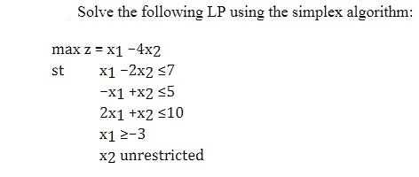 Solve the following LP using the simplex