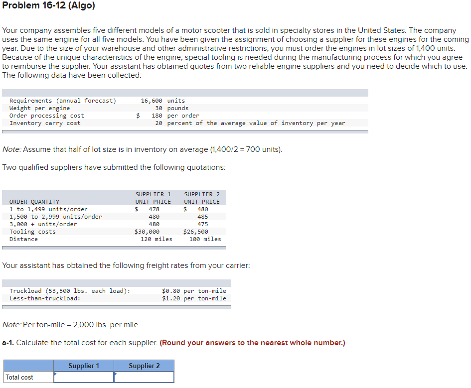 Problem 16-12 (Algo) Your company assembles five