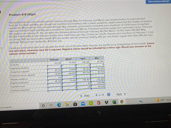 View previous attempt Problem 8-8 (Algo) Plan