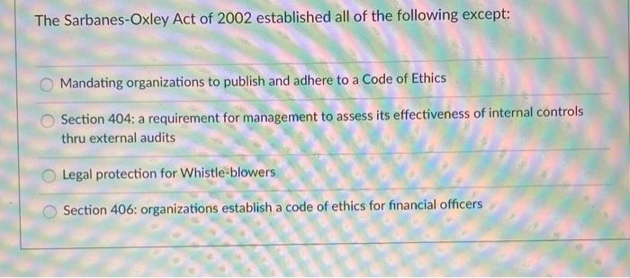 The Sarbanes-Oxley Act of 2002 established all of