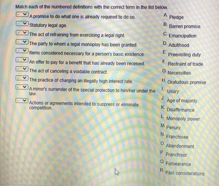 Business law V Match each of the numbered