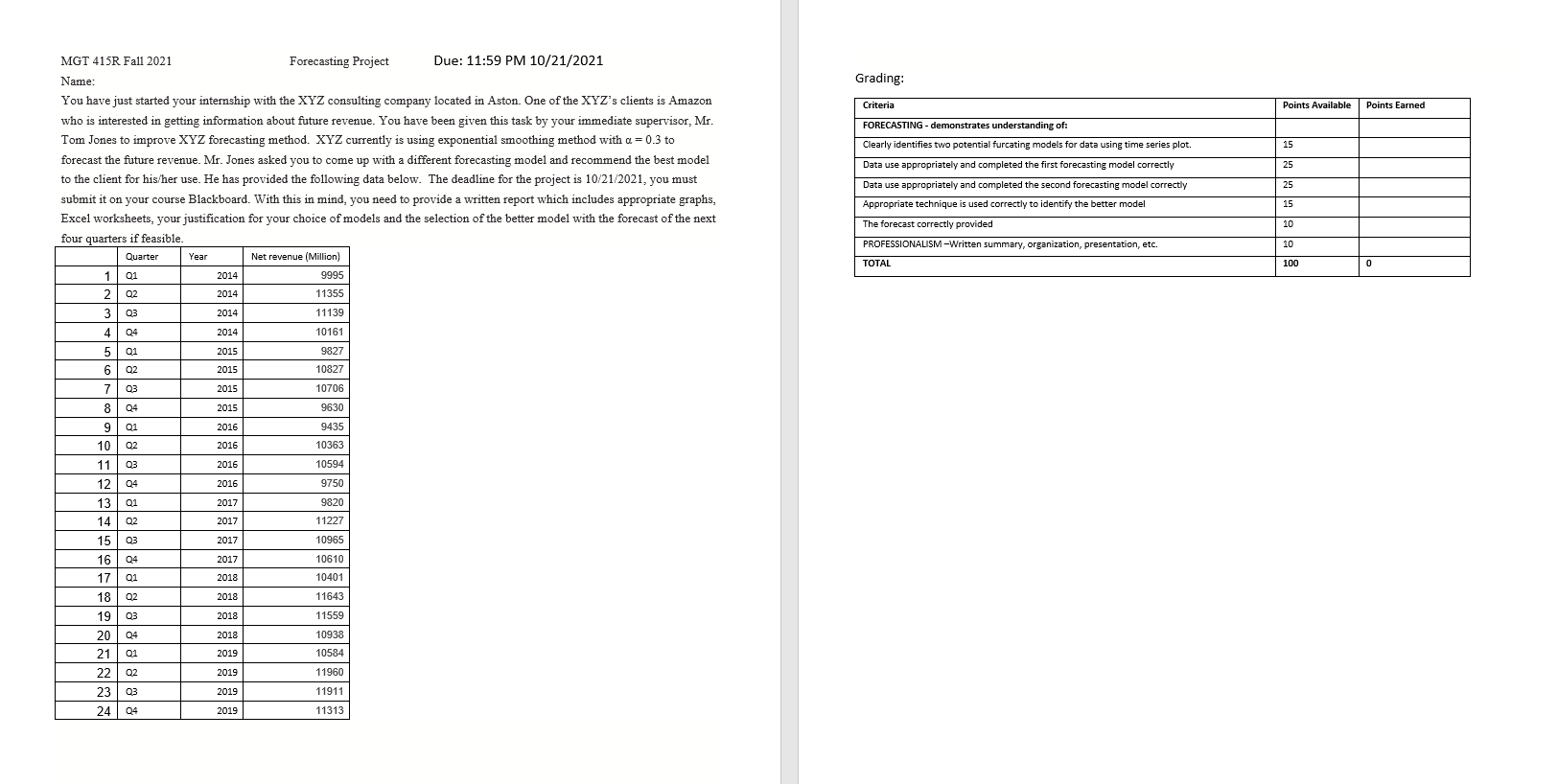 Grading: Criteria Points Available Points Earned