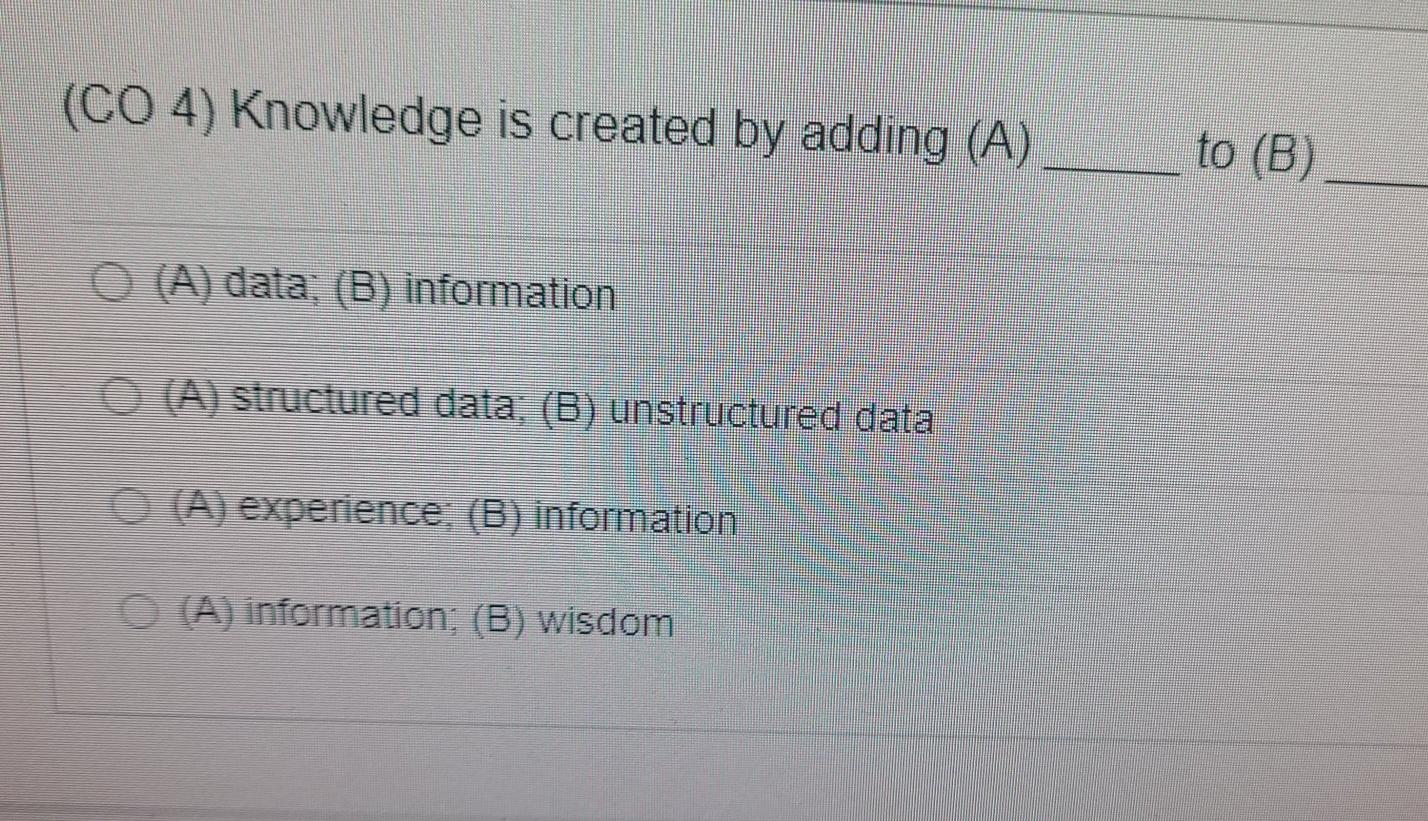 (CO 4) Knowledge is created by adding (A) to (B)