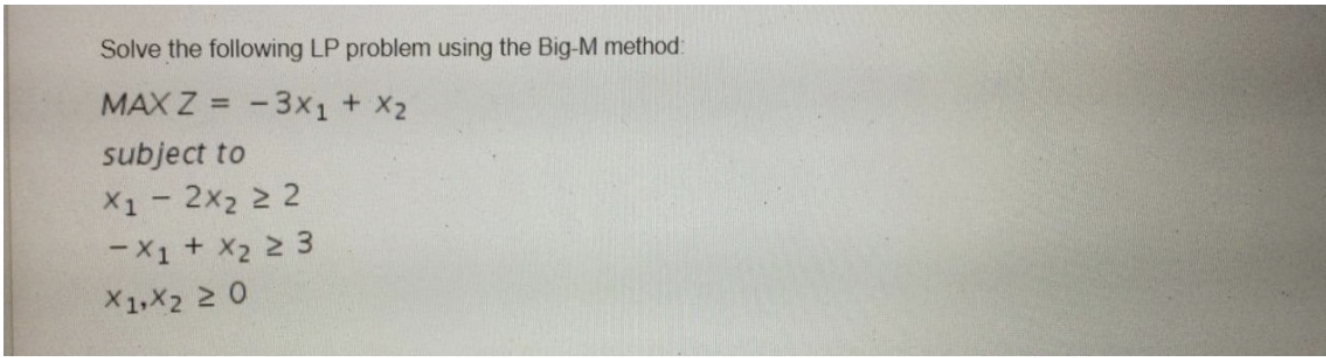 Solve the following LP problem using the Big-M