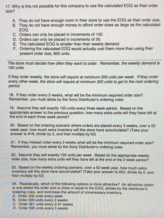 Economic Order Quantity Exercise (30 Points) SCM