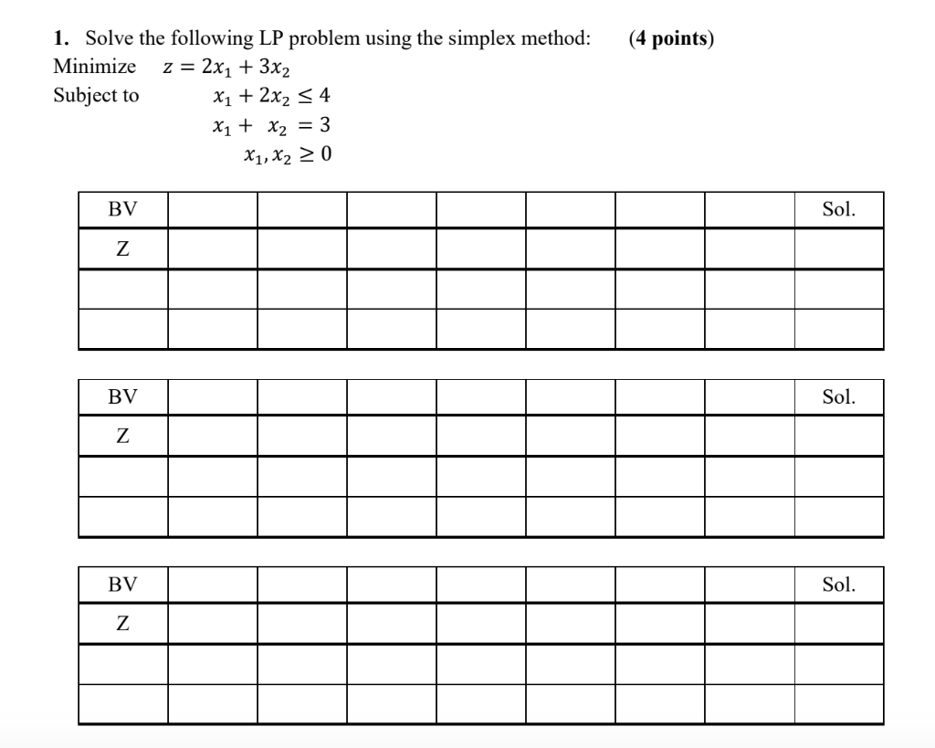 (4 points) 1. Solve the following LP problem