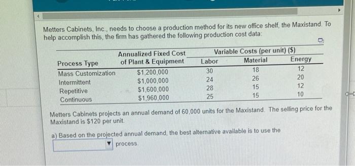 Metters Cabinets, Inc., needs to choose a
