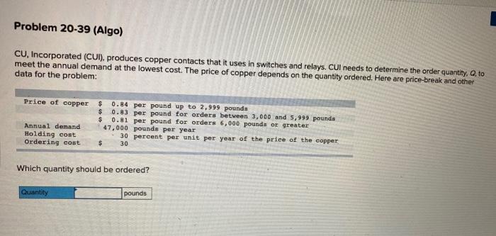 Problem 20-39 (Algo) CU, Incorporated (CUT),