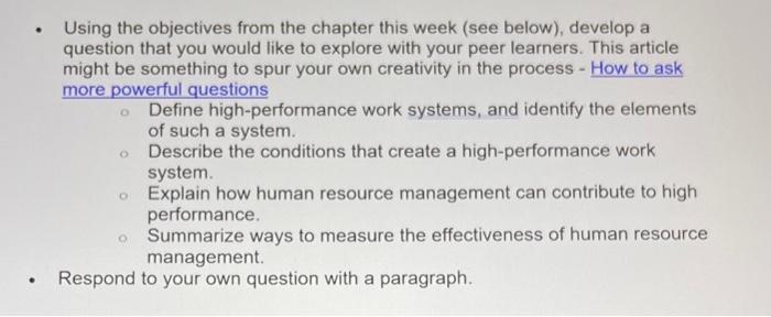 . Using the objectives from the chapter this week