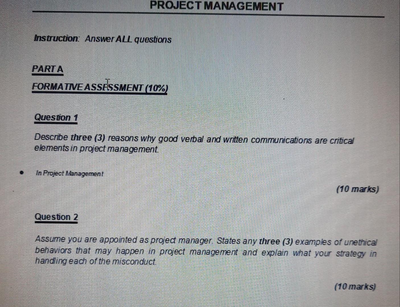 SUBJECT: Project Management Question: Extra info: