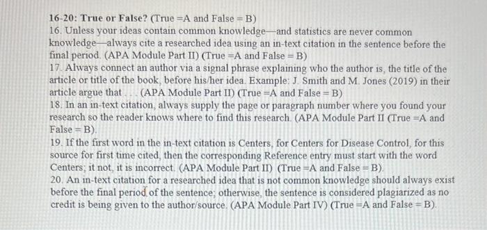 16-20: True or False? (True =A and False = B) 16.