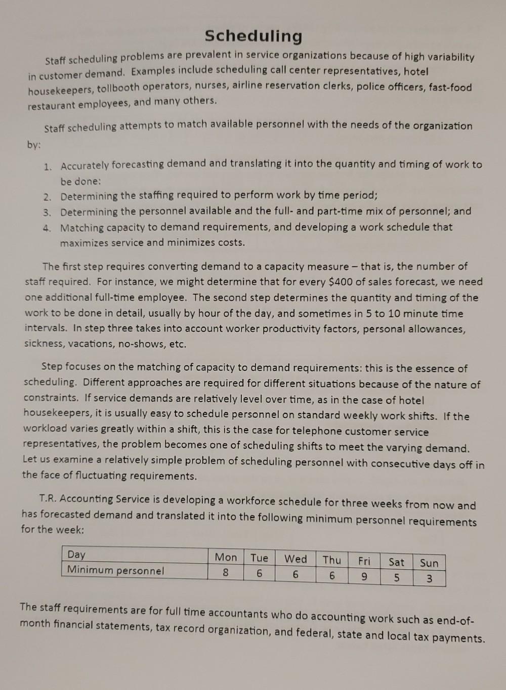 plz help Scheduling Staff scheduling problems are