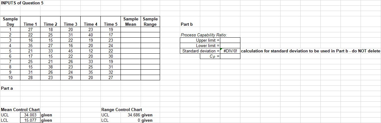 INPUTS of Question 5 Sample Sample Mean Range