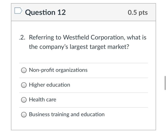 Question 10 0.5 pts .0. Referring to Westfield