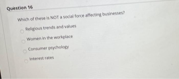 Question 16 Which of these is NOT a social force