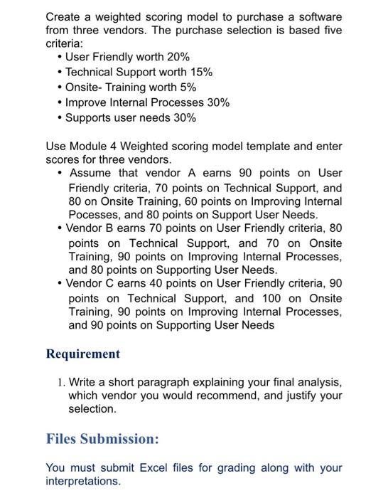 Create a weighted scoring model to purchase a
