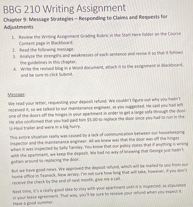 BBG 210 Writing Assignment Chapter 9: Message