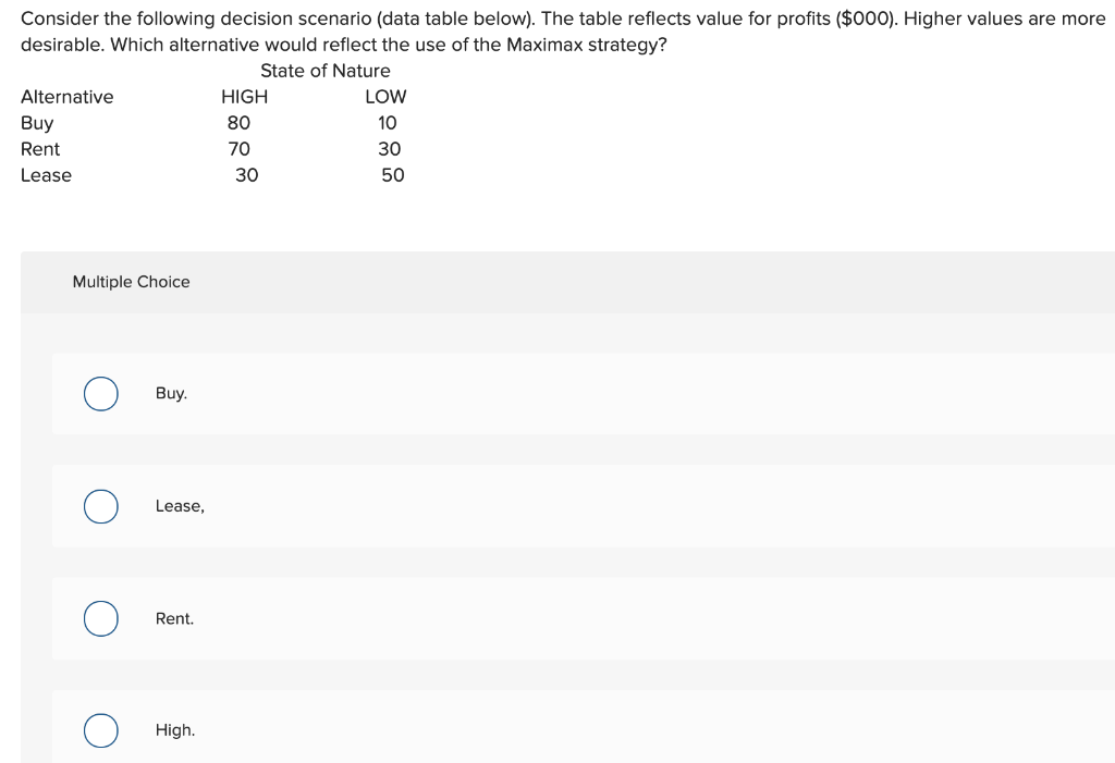 Consider the following decision scenario (data