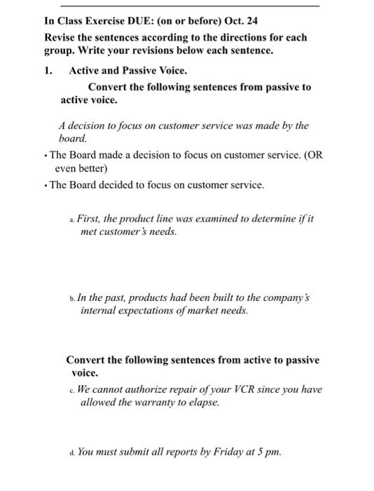 In Class Exercise DUE: (on or before) Oct. 24