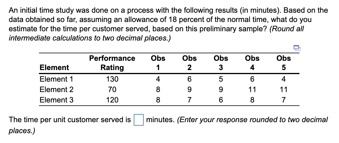 An initial time study was done on a process with