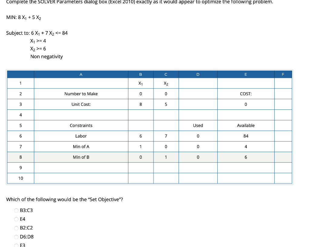 Complete the SOLVER Parameters dialog box (Excel