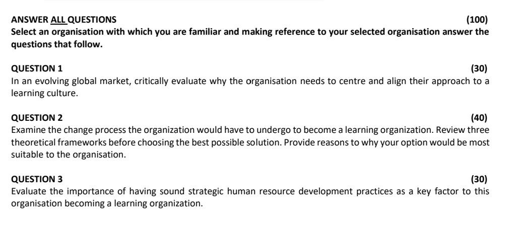 ANSWER ALL QUESTIONS (100) Select an organisation