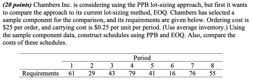 (20 points) Chambers Inc. is considering using