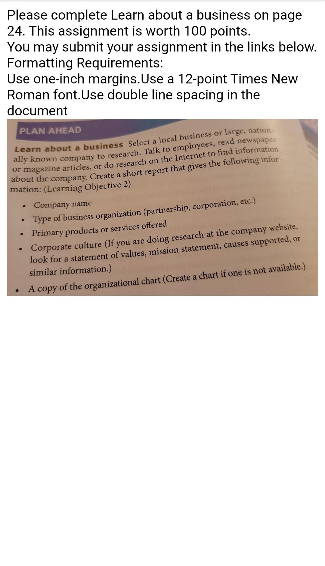 help Please complete Learn about a business on