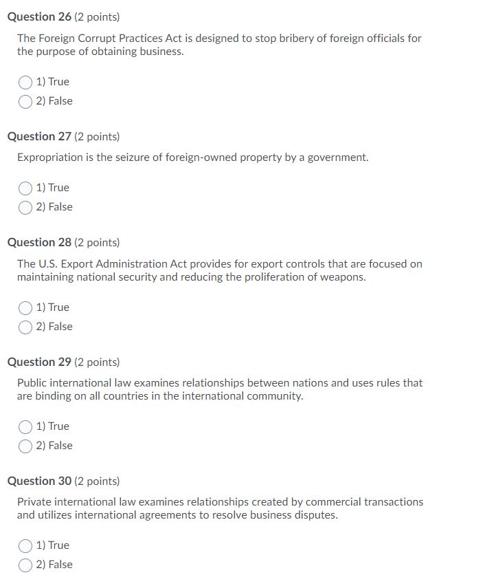 Question 26 (2 points) The Foreign Corrupt