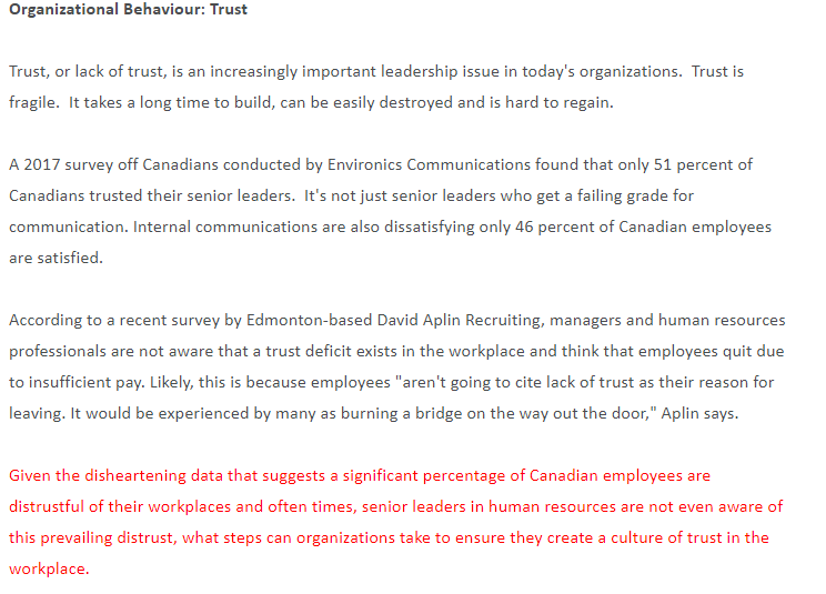 Organizational Behaviour: Trust Trust, or lack of
