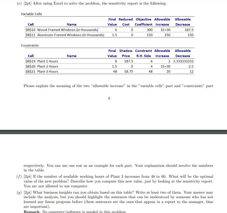 I ONLY NEED ANSWERS TO E F AND G Problem 5. The