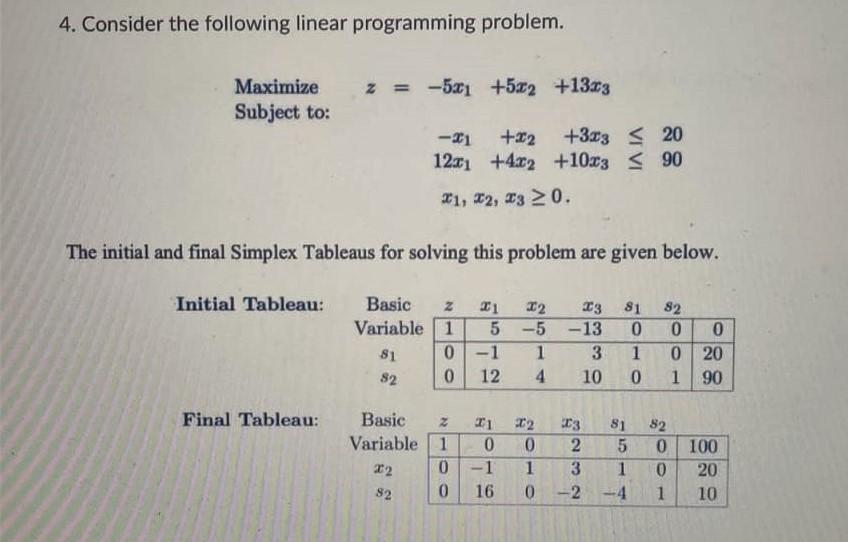 4. Consider the following linear programming