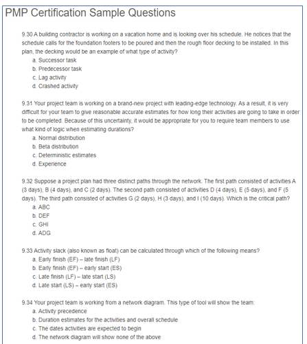 PMP Certification Sample Questions 9.30 A