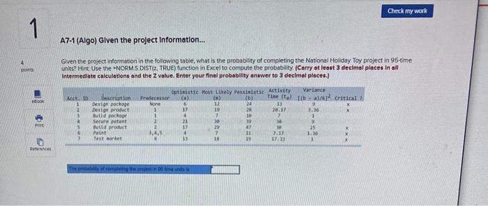 Check my work 1 A7-1 (Algo) Given the project