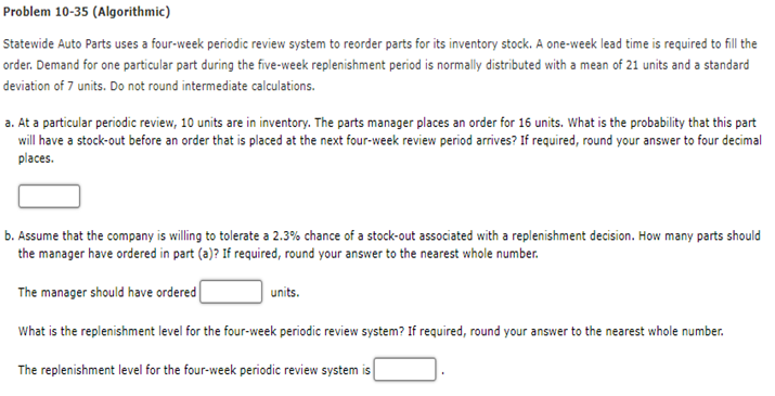 Problem 10-35 (Algorithmic) Statewide Auto Parts