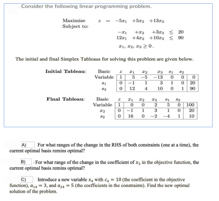 Considering the following linear programming