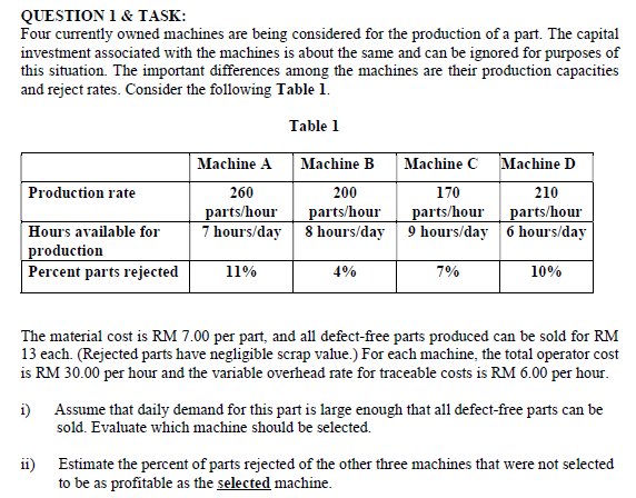 QUESTION 1 & TASK: Four currently owned machines