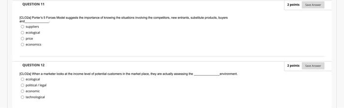 marketing QUESTION 11 2 points Save CLO2]