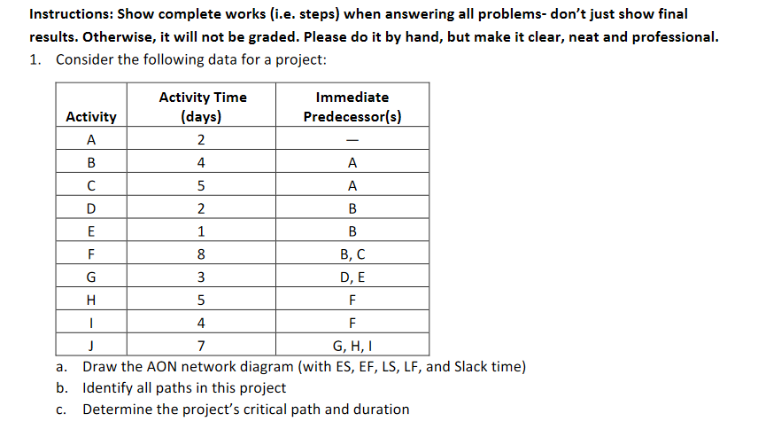 Instructions: Show complete works (i.e. steps)