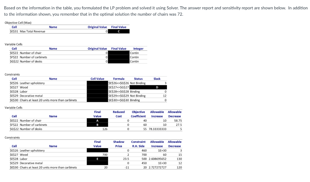 a) Value for cell A? b) Cell B? c)Cell C? d)Cell