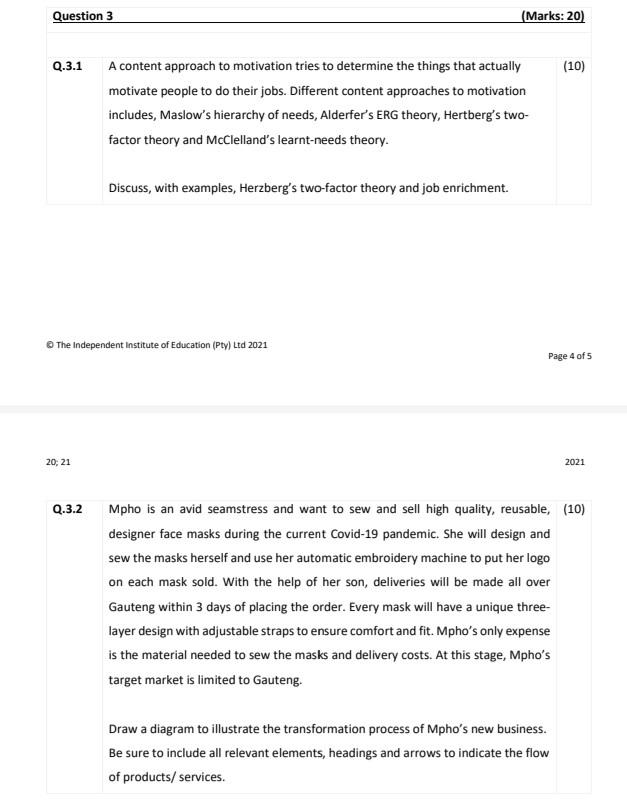 Question 3 (Marks: 20) Q.3.1 (10) A content