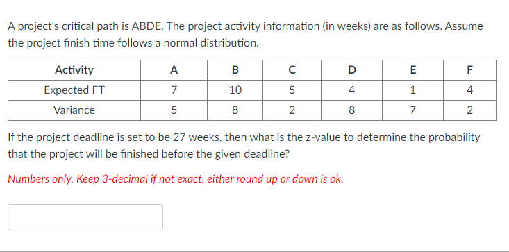 A project's critical path is ABDE. The project