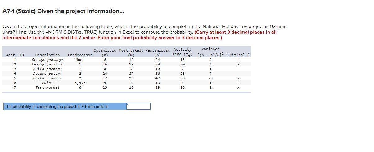 A7-1 (Static) Given the project information...